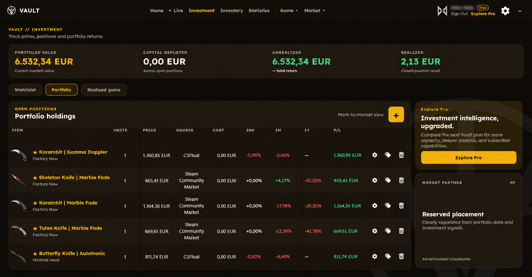 Vault investment dashboard showing portfolio value, unrealized and realized returns, and skin holdings with market prices and profit or loss.