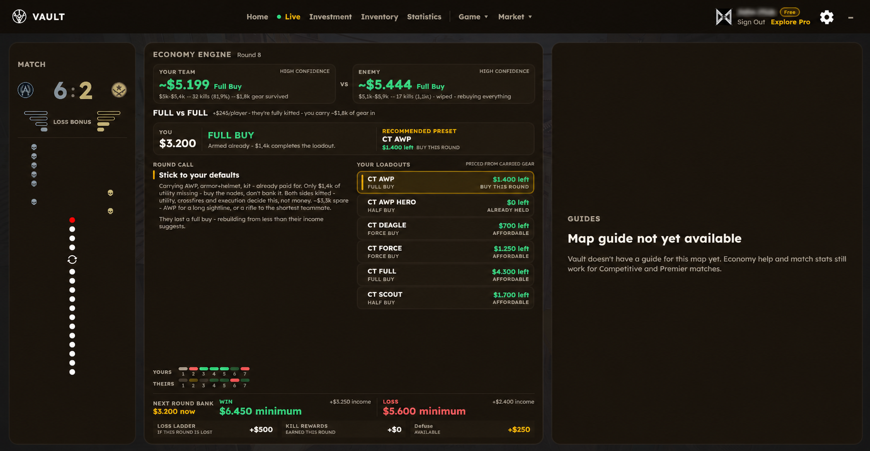 Vault live economy dashboard showing the match score, team and enemy economy estimates, buy recommendations, loadouts, and next-round bank projections.
